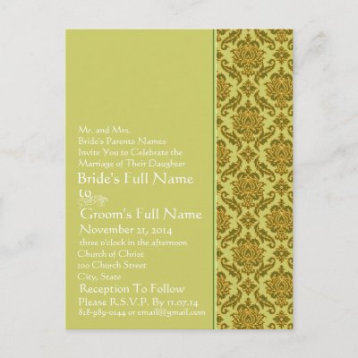 Elegant Lime Gold Damask Wedding Invitation Post Cards by samack