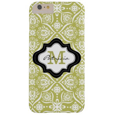 Elegant Lime Green Damask Pattern Custom Monogram Barely There iPhone 6 Plus Case