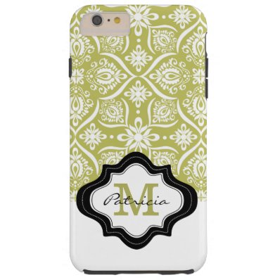 Elegant Lime Green Damask Pattern Custom Monogram Tough iPhone 6 Plus Case