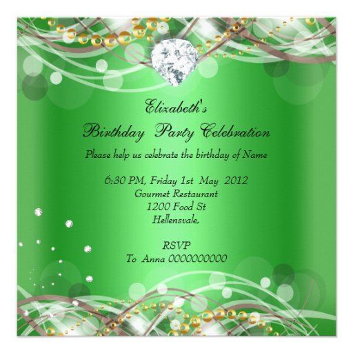 Elegant Lime Green Gold Diamond Birthday Party Custom Invite