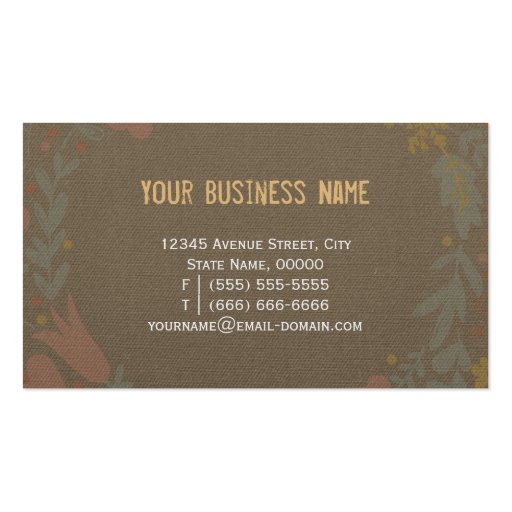 Elegant Linen Burlap with Floral Wreath Business Card Templates (back side)
