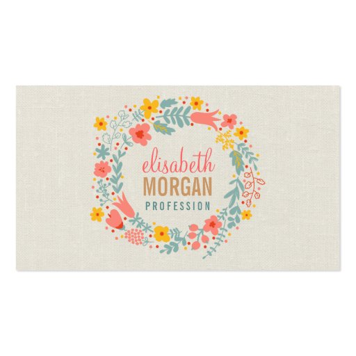 Elegant Linen Burlap with Floral Wreath Business Card Templates (front side)