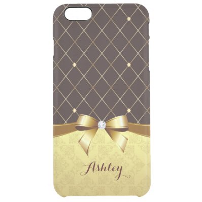 Elegant Luxury Brown Golden Ribbon Damask Diamond Clear iPhone 6 Plus Case