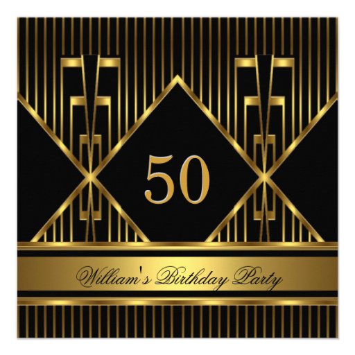 Elegant Mans Black Gold Stripe Birthday Party Mens Personalized Announcements