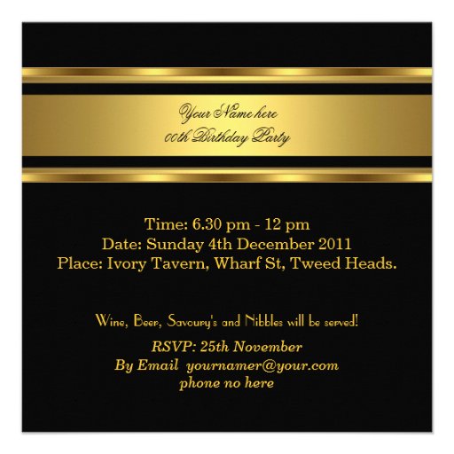 Elegant Mans Black Gold Stripe Birthday Party Mens Personalized Announcements