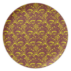 Elegant Maroon and Yellow Lace Damask Pattern Dinner Plates
