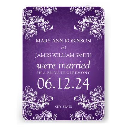 Elegant Marriage Elopement Vintage Swirls 2 Purple Personalized Announcement