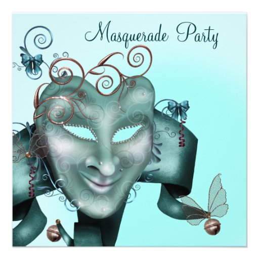 Elegant Mask Teal Blue Masquerade Party Personalized Invites (front side)