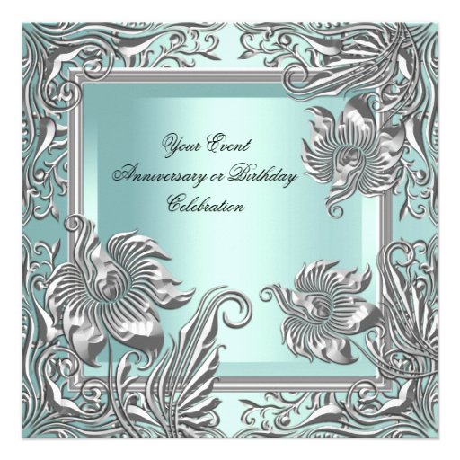 Elegant Mint Blue Silver Floral Party Invitation