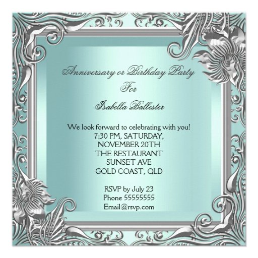 Elegant Mint Blue Silver Floral Party Invitation