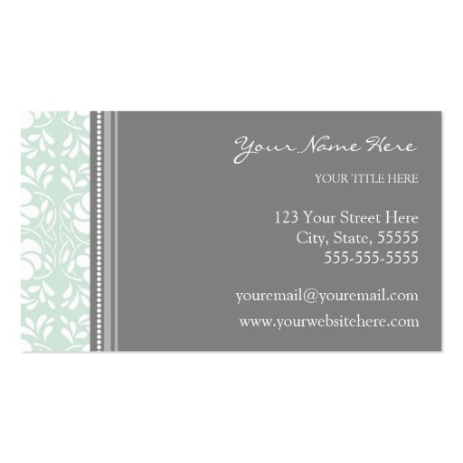 Elegant Mint Gray Damask Business Cards (back side)