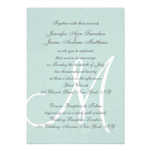 Elegant Mint Green Wedding Invitations Initial