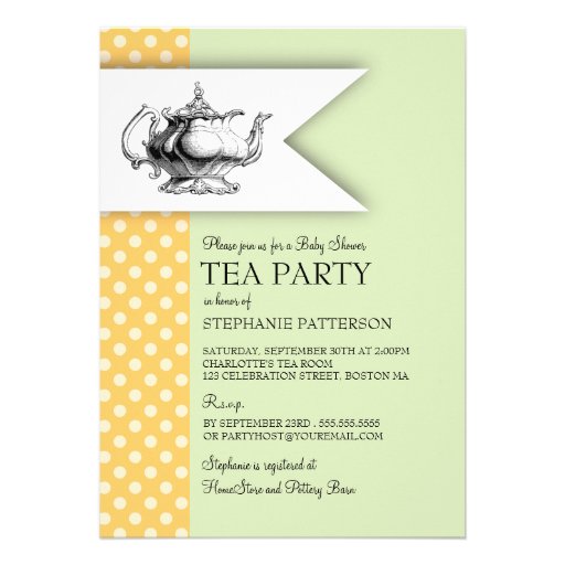 Elegant Mint Yellow Polkadot Baby Shower Tea Party Cards (front side)