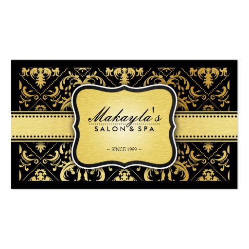 Elegant Modern Black and Metallic Gold Damask Business Card Template (front side)