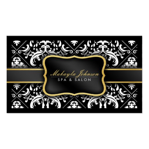 Elegant Modern Black and White Damask Spa & Salon Business Card Template (front side)