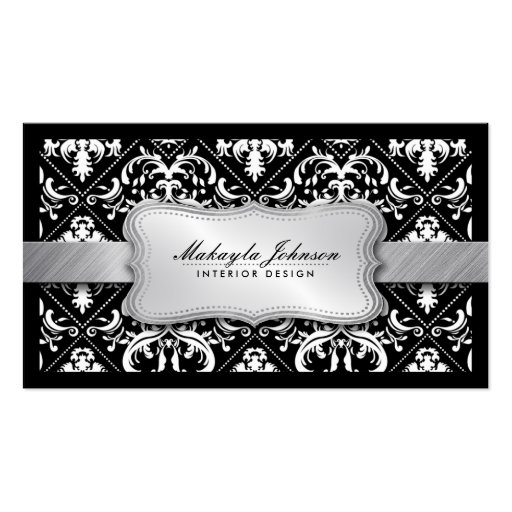 Elegant Modern Black and White Damask With Silver Business Card Template