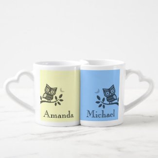 Elegant modern cute owl yelow blue / add name lovers mugs
