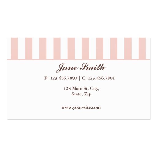 Elegant Modern Cute Pink and White Stripes Business Card Template (back side)