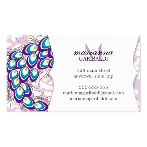 Elegant Modern Damask Purple Peacock Business Cards (back side)