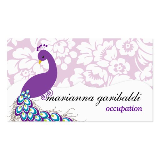 Elegant Modern Damask Purple Peacock Business Cards (front side)