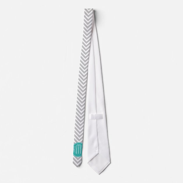 Elegant Modern Gray Chevron and Mint Monogram Tie 3/3