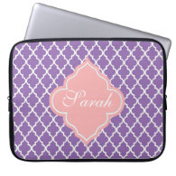 Elegant, modern purple quatrefoil monogram laptop computer sleeves