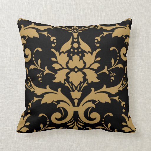 Elegant Modern Vintage Gold Damask on Black Pillow Zazzle