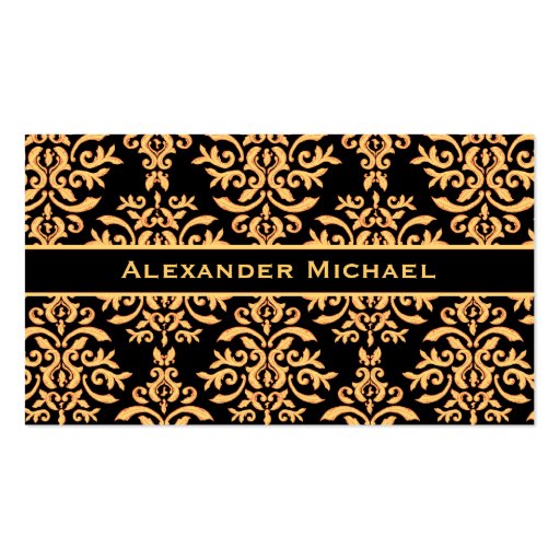 Elegant Monogram Black and Gold Damask Business Card (back side)