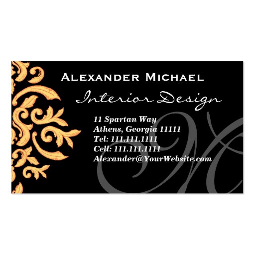 Elegant Monogram Black and Gold Damask Business Card (front side)