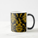 Elegant Monogram Black Gold Damask Coffee Tea Mug
