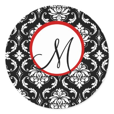 Elegant Monogram Black Red Damask Wedding Sticker