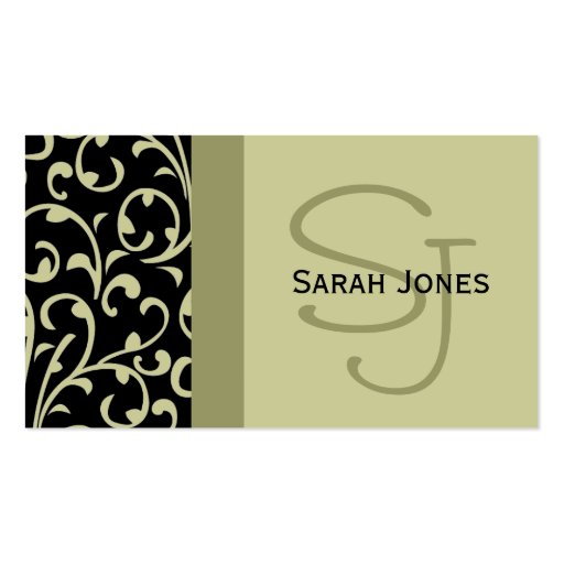 Elegant Monogram Black Sage Damask Business Card (front side)