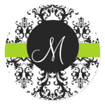 Elegant Monogram Black & White Damask Seal Green Sticker