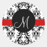 Elegant Monogram Black & White Damask Seal Red Stickers
