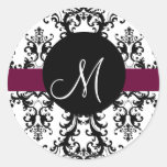 Elegant Monogram Black & White Damask Seal Wine Stickers