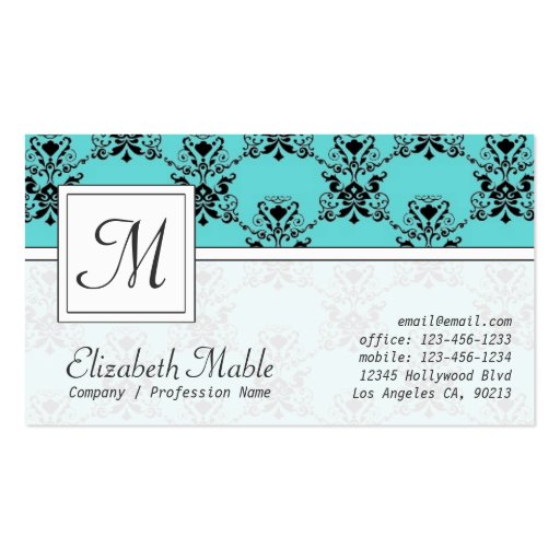Elegant Monogram Blue and Black Damask Print Business Card Template (front side)