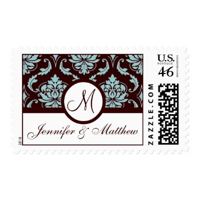 Elegant Monogram Blue Brown Wedding Stamp