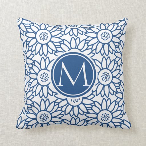 Elegant Monogram Classic Blue Sunflower Throw Pillow Zazzle