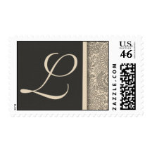 Elegant monogram damask design of cream and gray postage