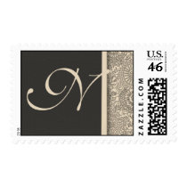 Elegant monogram damask design of pink and gray postage by aslentz Elegant monogram damask design of pink and gray postage