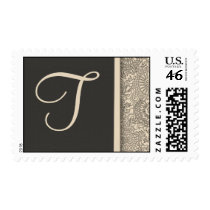 Elegant monogram damask design of pink and gray postage by aslentz Elegant monogram damask design of pink and gray postage