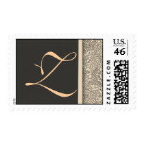 Elegant monogram damask design of pink and gray postage