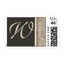 Elegant monogram damask design of pink and gray postage by aslentz Elegant monogram damask design of pink and gray postage