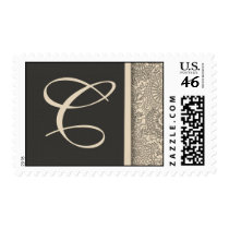 Elegant monogram damask design of pink and gray postage by aslentz Elegant monogram damask design of pink and gray postage