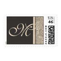 Elegant monogram damask design of pink and gray postage by aslentz Elegant monogram damask design of pink and gray postage