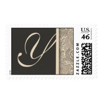 Elegant monogram damask design of pink and gray postage