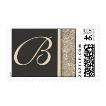 Elegant monogram damask design of pink and gray postage by aslentz Elegant monogram damask design of pink and gray postage