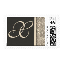 Elegant monogram damask design of pink and gray postage