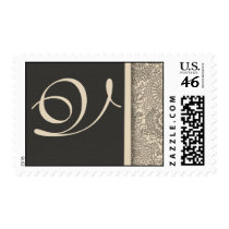 Elegant monogram damask design of pink and gray postage by aslentz Elegant monogram damask design of pink and gray postage