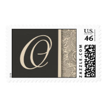 Elegant monogram damask design of pink and gray postage by aslentz Elegant monogram damask design of pink and gray postage